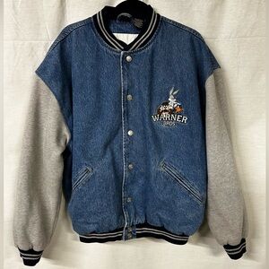 Vintage 90s Warner Bros Looney Tunes Denim Varsity Jacket Bugs Bunny Taz Large